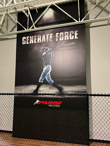 “Generate Force” mural of a baseball player mid-swing at Parisi Speed School