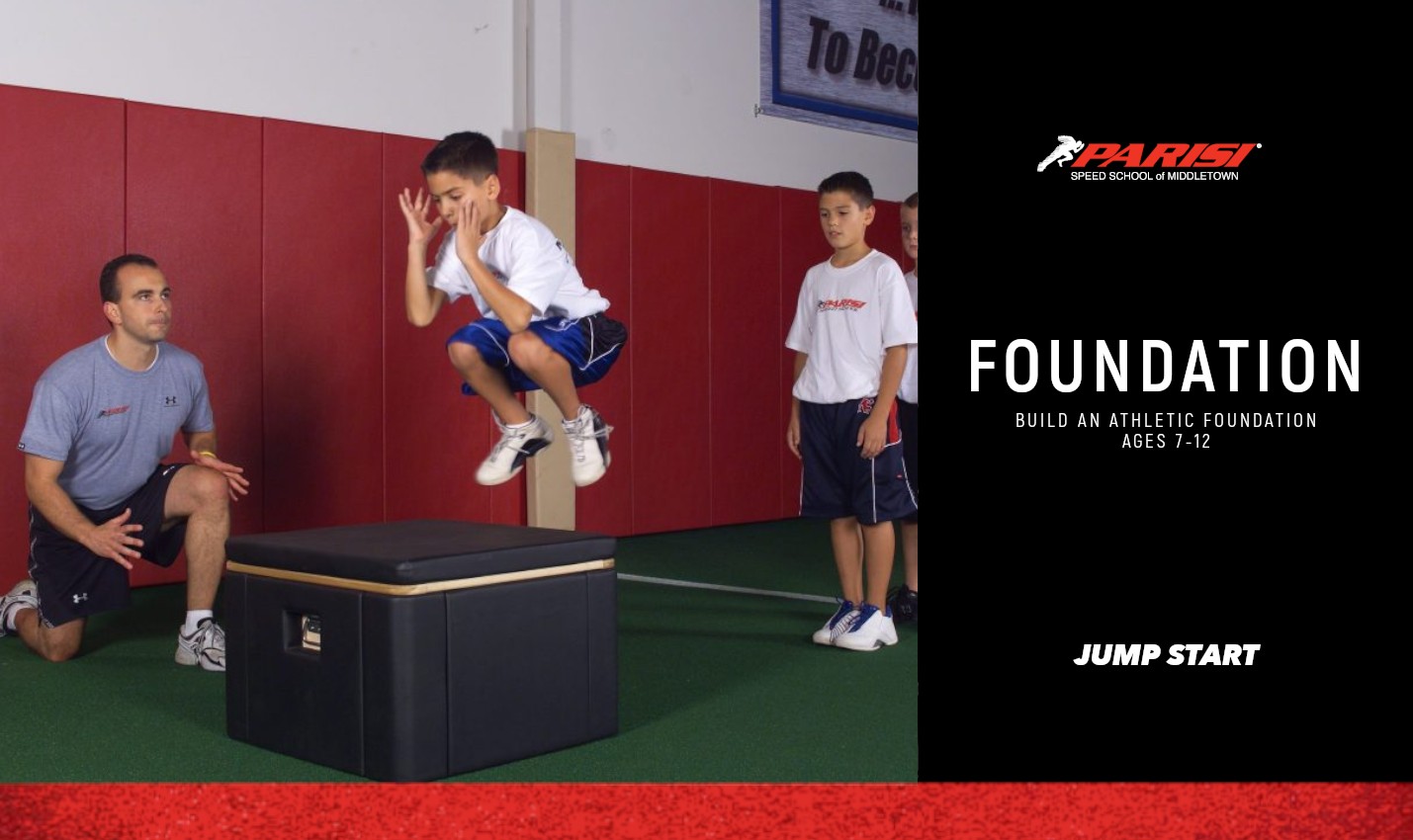 Young athlete jumping onto a plyo box while a coach spots him at Parisi Jump Start